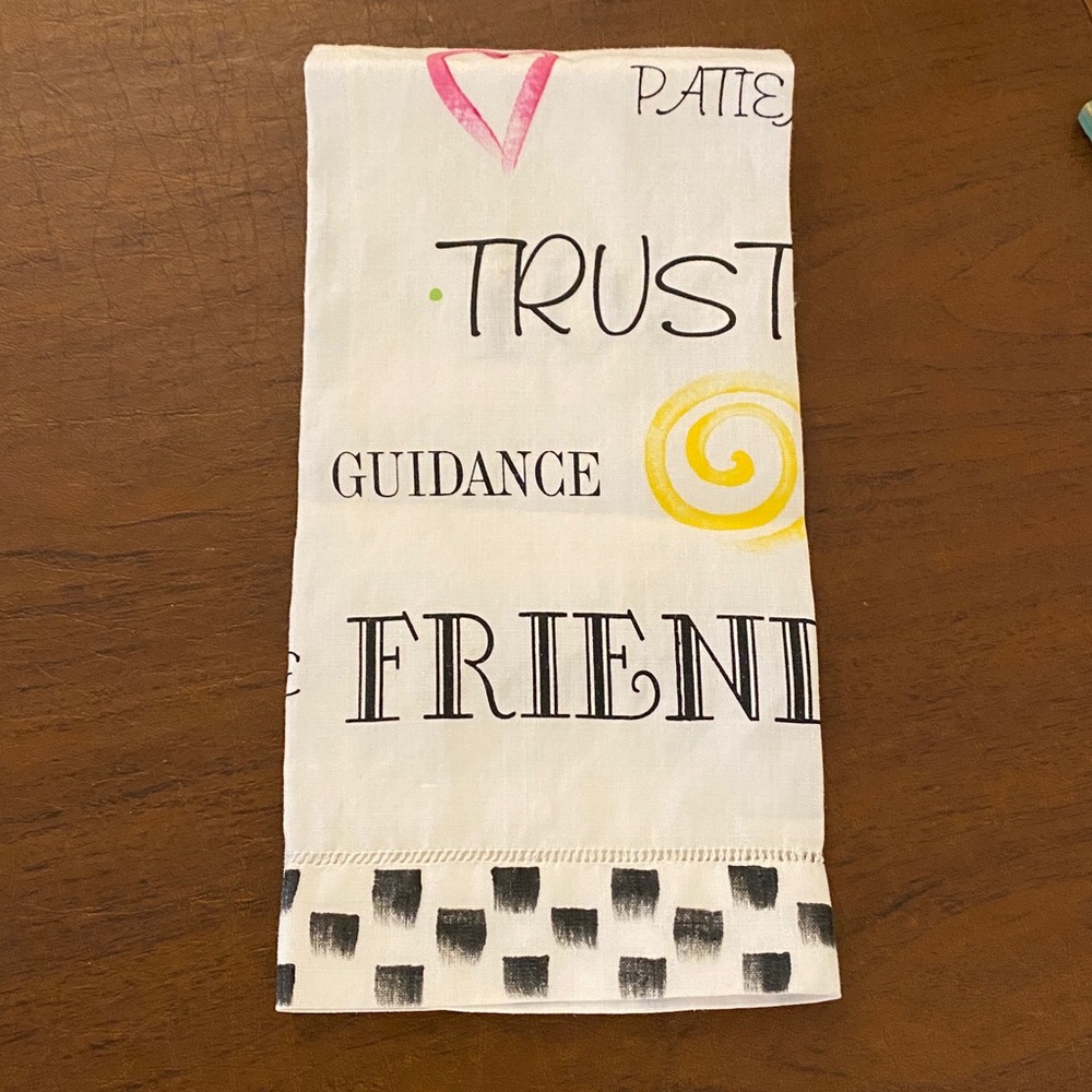 White Kitchen “Friendship” Towel • Linen- Like Fabric • Hem Stitching